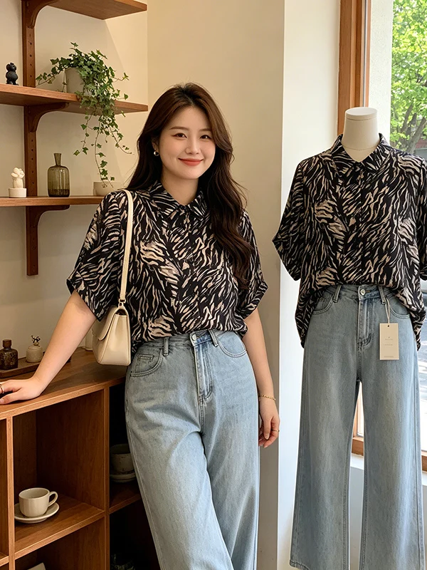 

Large Size Zebra Print Neck Shirt Women's Summer Fashionable European Style Versatile Top Commute Style Regular Sleeve L...