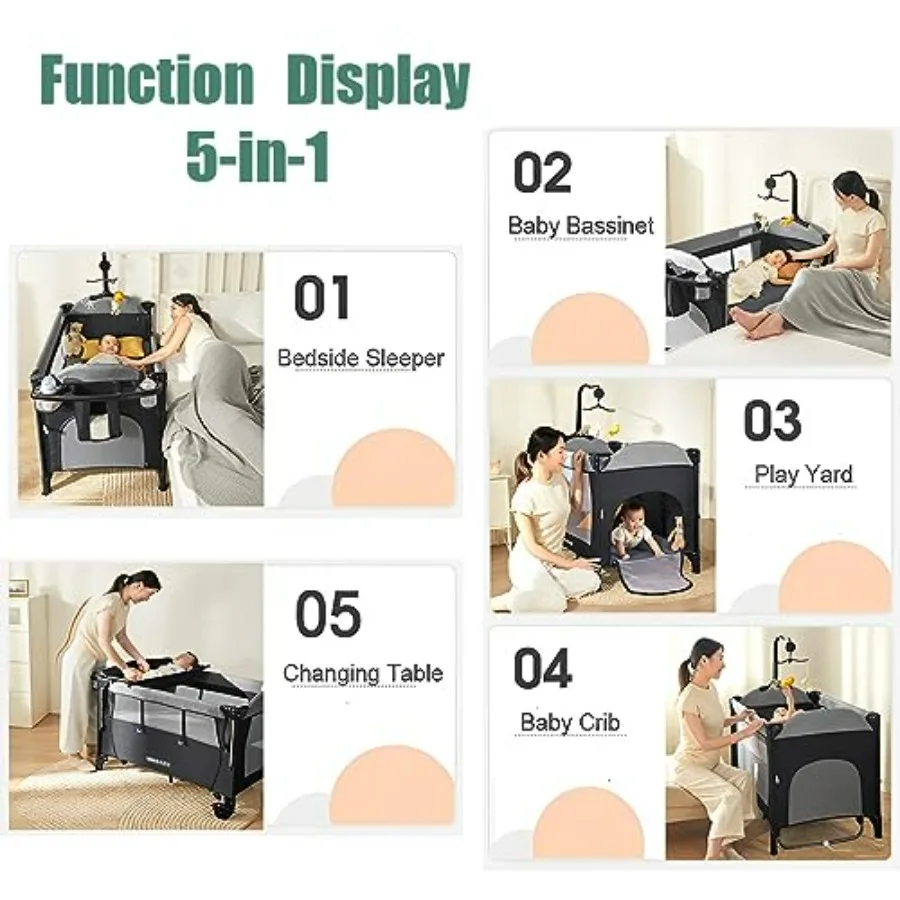 5in1 Pack and Play Portable Crib for BabyMultifunction Bedside Crib from Newborn to Toddlers UShaped Diaper Changer Playard Saf