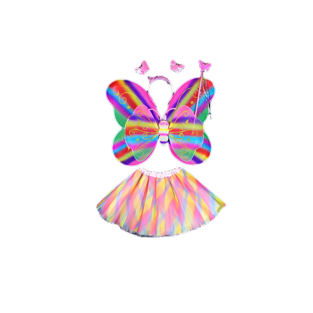 Conjunto de disfraz de alas de hada para niños, alas de mariposa, varita de plástico duradera, diadema, falda tutú para fiesta temática de cumpleaños y Halloween, 4 Uds.