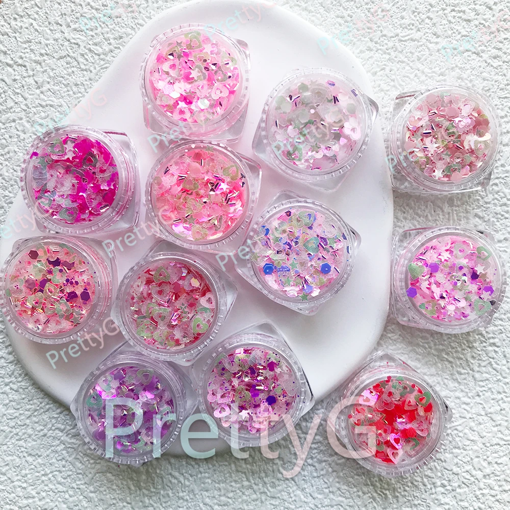 

Набор PrettyG: 12 цветов, розовые блестки в коробке, красные блестки в форме сердца и губ для ногтей, для декора ногтей из смолы, для творчества и DIY