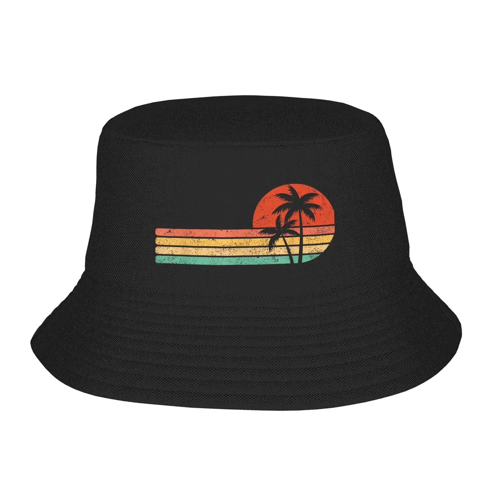 Diseño retro 2026, estilo retro para parejas, tropical vintage, puesta de sol, playa, árbol, cubo, sombrero de pescador, sombreros de verano, moda, vacaciones