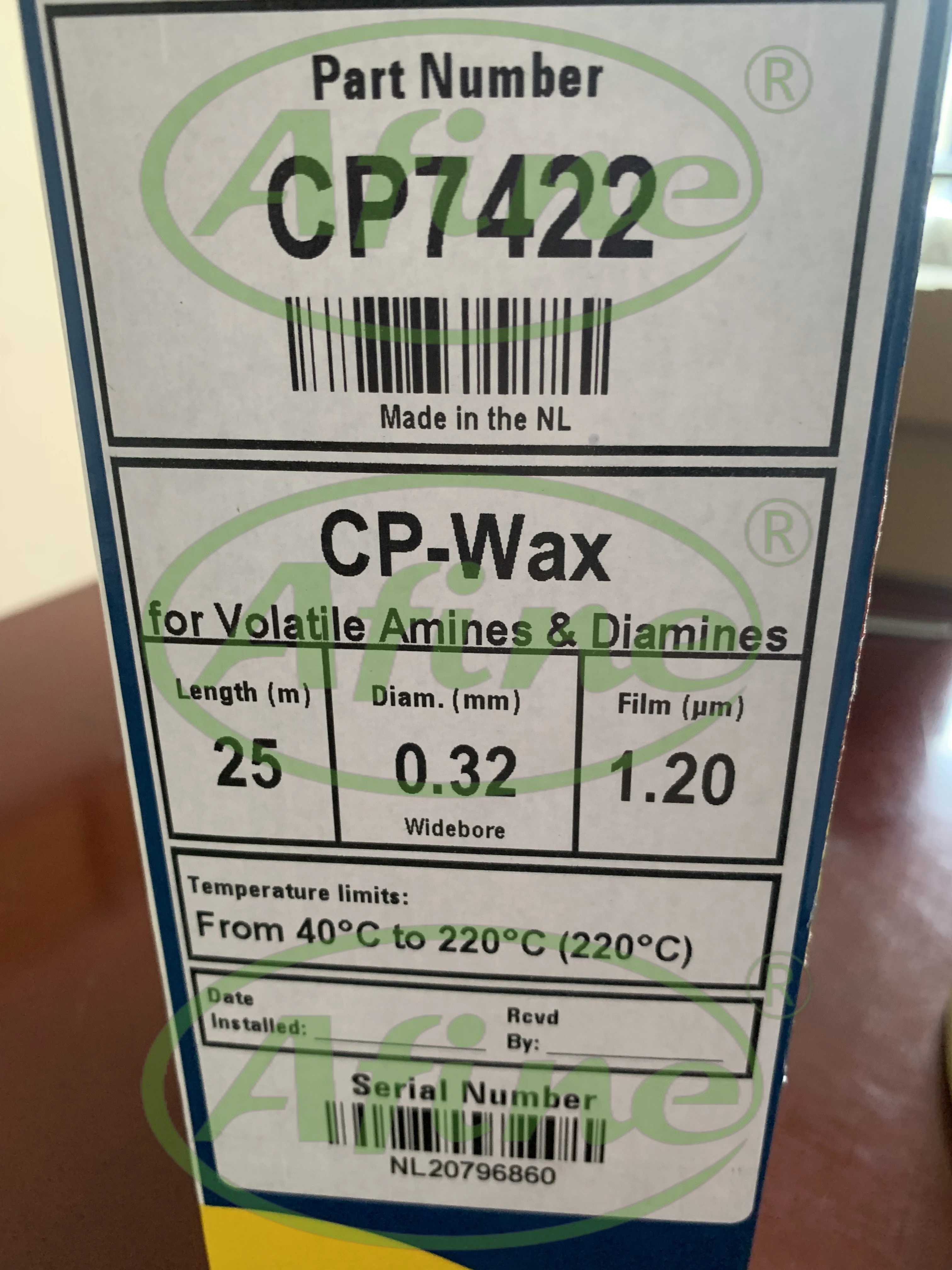 

AFINE Agilent J&W CP-Wax GC Columns: Volatile Amines and Diamines CP7422 | 58 FFAP CB CP7777 | 52 CB CP8798I