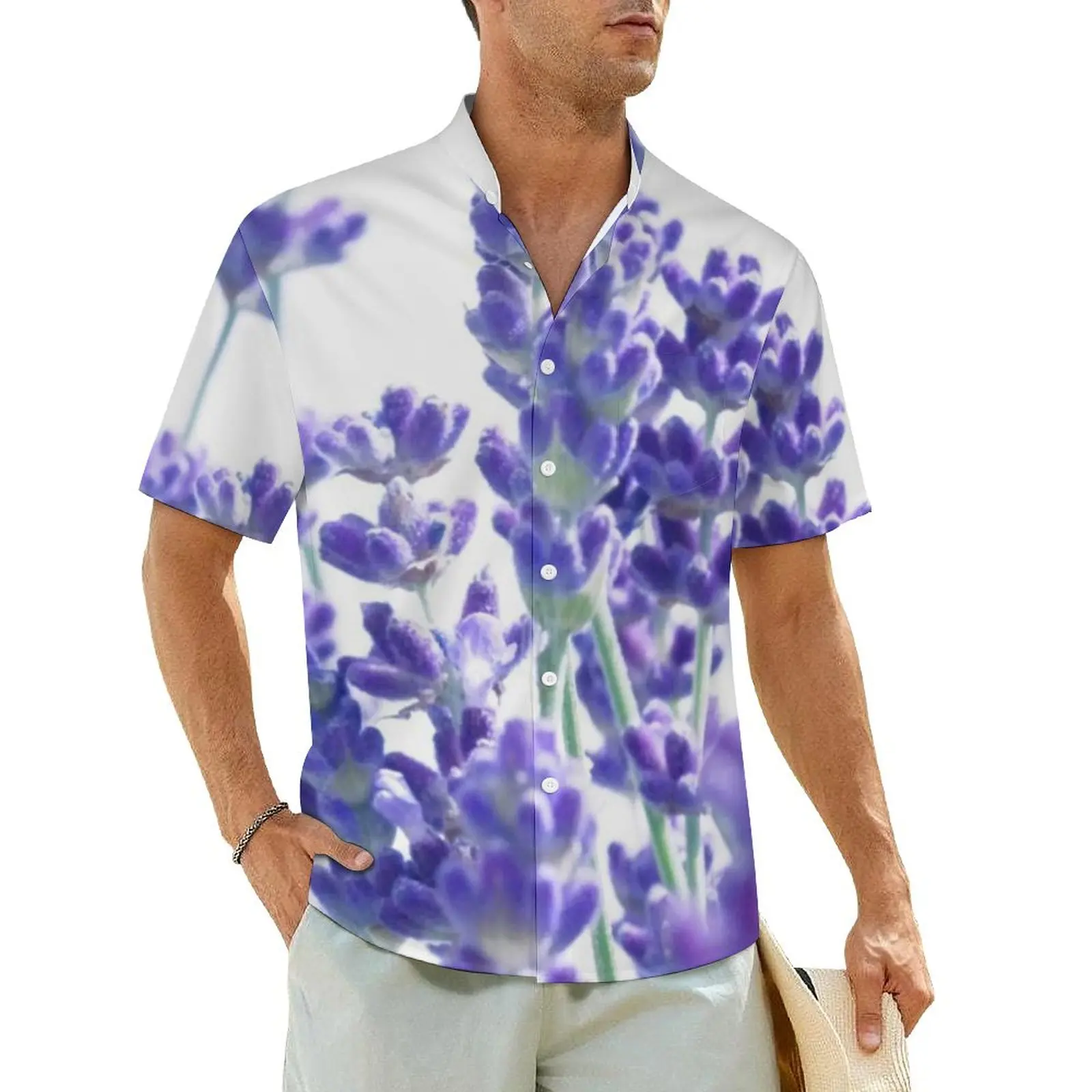 

Fresh Lavender Beach Shirt Men Real Lavender Flower Nature Classic Casual Shirts Hawaiian Short Sleeve Design Plus Size Blouses