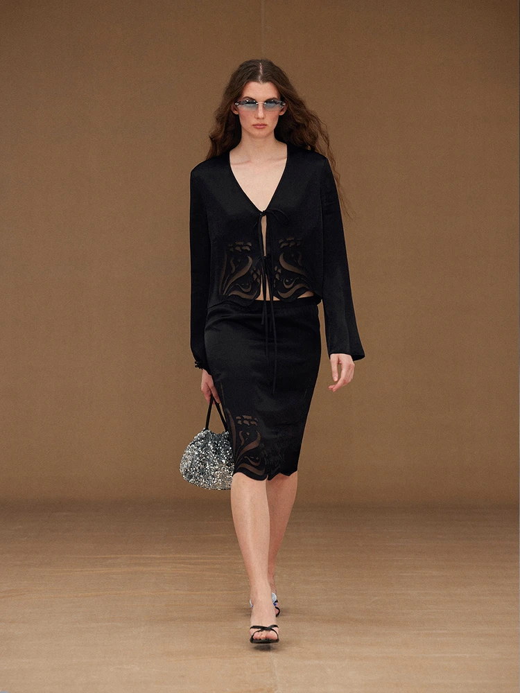 

Randpickee Touch Series Satin Hollow out Burned Flower Elastic Waist Half Skirt Women's Casual A-Line Skirt Slim Fit