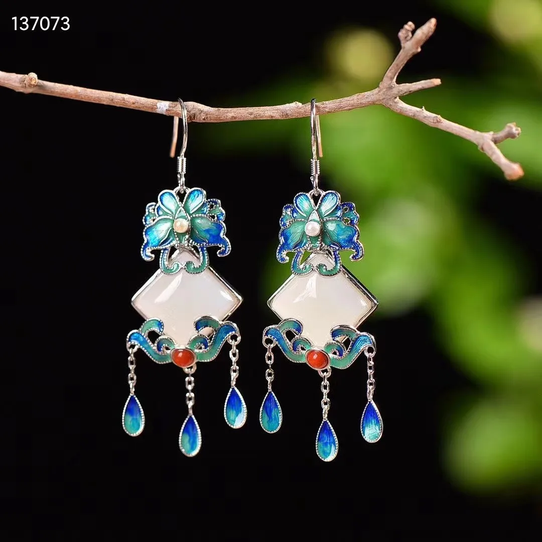 

Natural 100% real 925 sterling silver inlaid white hetian jade Palace Collection Level retro earrings jewelry for women gift