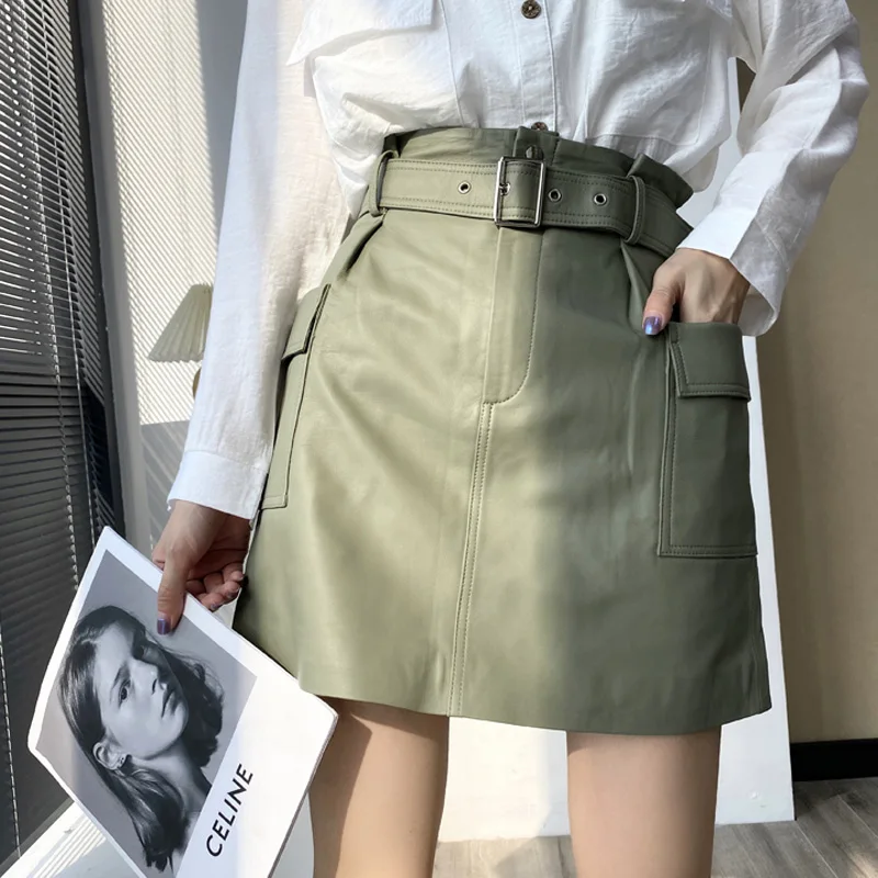 

Genuine Leather Sheepskin Sexy Mini Skirt Women 2022 Spring South Korean Fashion High Waist Retro A-line Skirt Belt Pocket