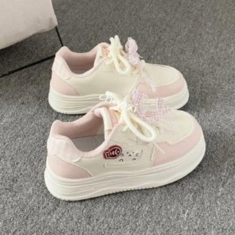 Ins Korean Style Women White Platform Sneakers Cute Cat & Fish BadgeBlue Striped Bow LaceUp ComfortableStudent Casual BoardShoes