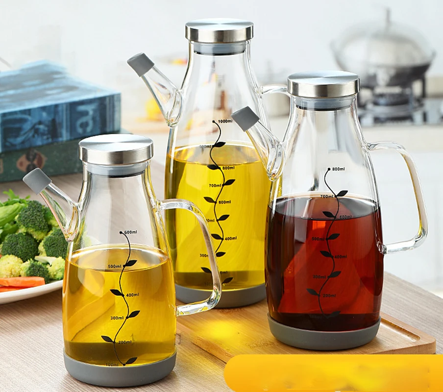 600/800/1000ml Household Kitchen Glass Oil Pot Automatic Opening Closing Oil Bottle Large Capacity Graduated Oil Tank Pot