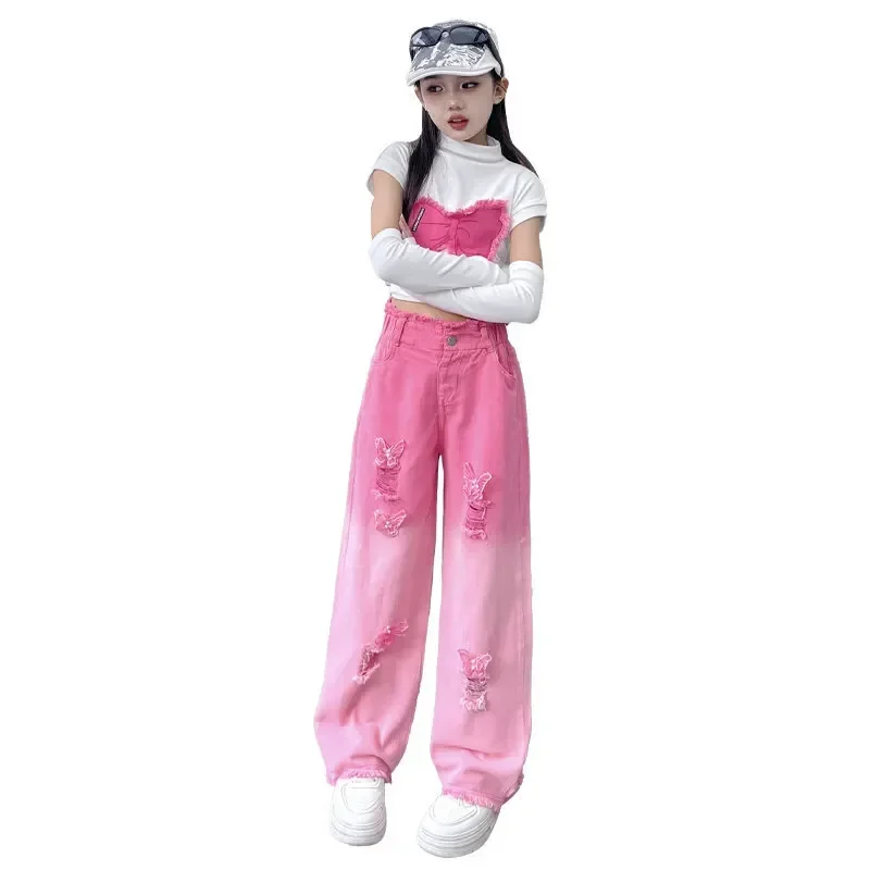 Teenage Girls Clothes Suits Removable Long Sleeves with Dip Dye Butterfly Pattern+Pink Gradient Hole Jeans 2Pcs Fashion Outfits