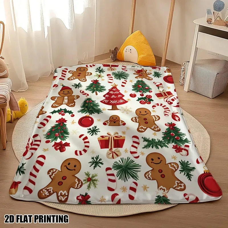 1pc Bohemian Christmas Flannel Blanket with Gingerbread Men & Pine Print - Soft Fluffy All-Season Cozy Throw for Couch, Bed, Living Room - Machine Washable Holiday Decor in Red, Green, & Brown - Festive New Year Gift Idea