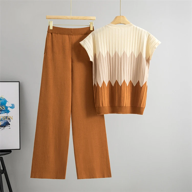 Damen Sommer Mode Kurzarm Rundhals Farbblock Strick-Set Locker Bequeme Weite Hose Zweiteiler – Detail 3