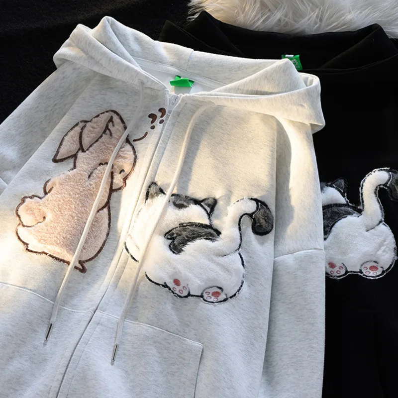 2024 Fall Preppy Cartoon Rabbit Cat Furry Embroidery Hooded Sweatshirt Women Kawaii Streetwear School Boys Girls Cute Hoodies