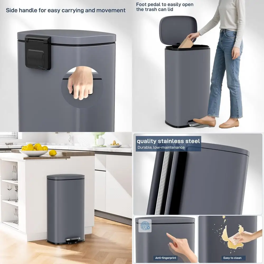 

30L Grey Stainless Steel Step Trash Can with Removable Inner Bucket and Fingerprint-Proof Lid for Kitchen and Home Use
