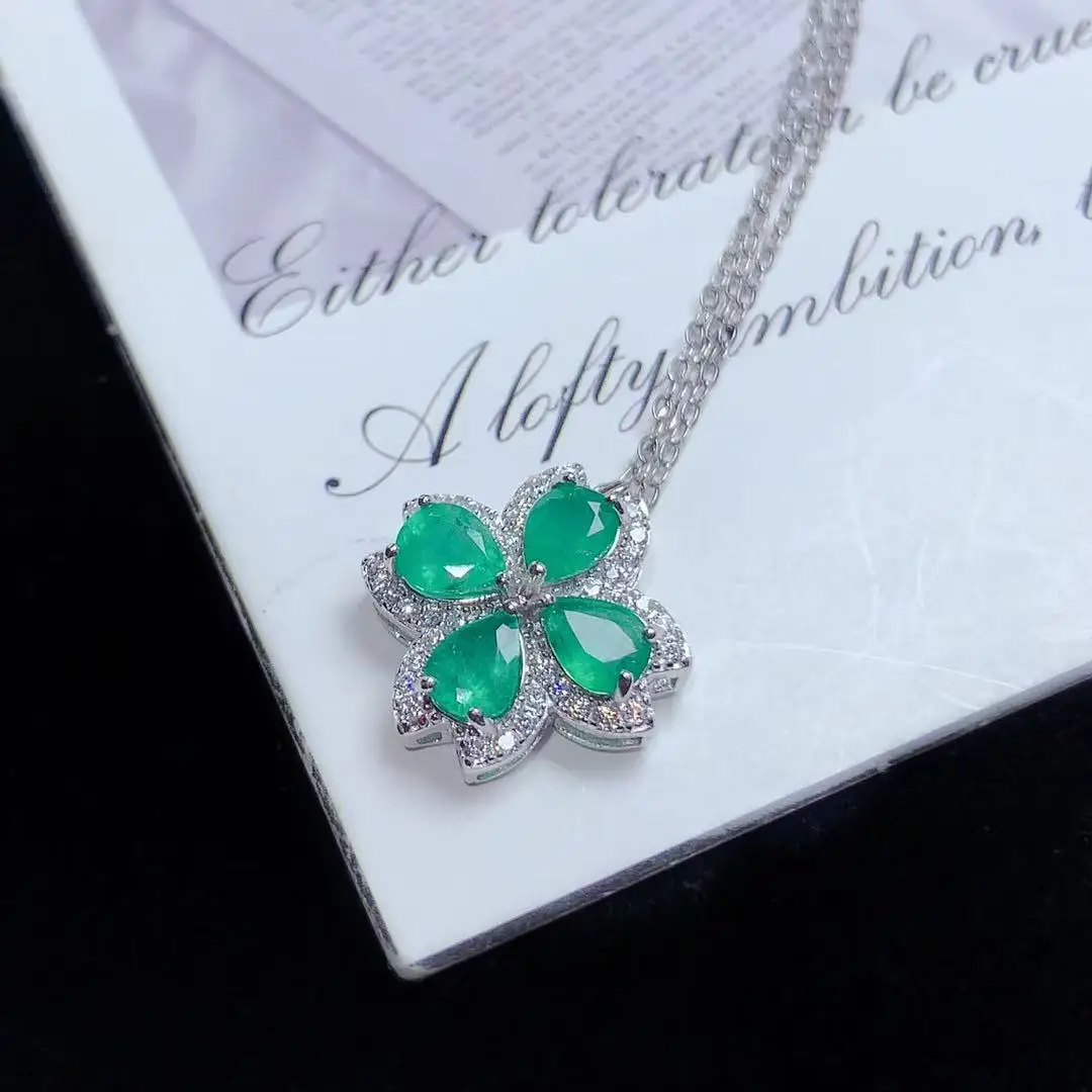Clover Natural Emerald Necklace Delicate, S925 Sterling Silver Gemstone Collarbone Chain
