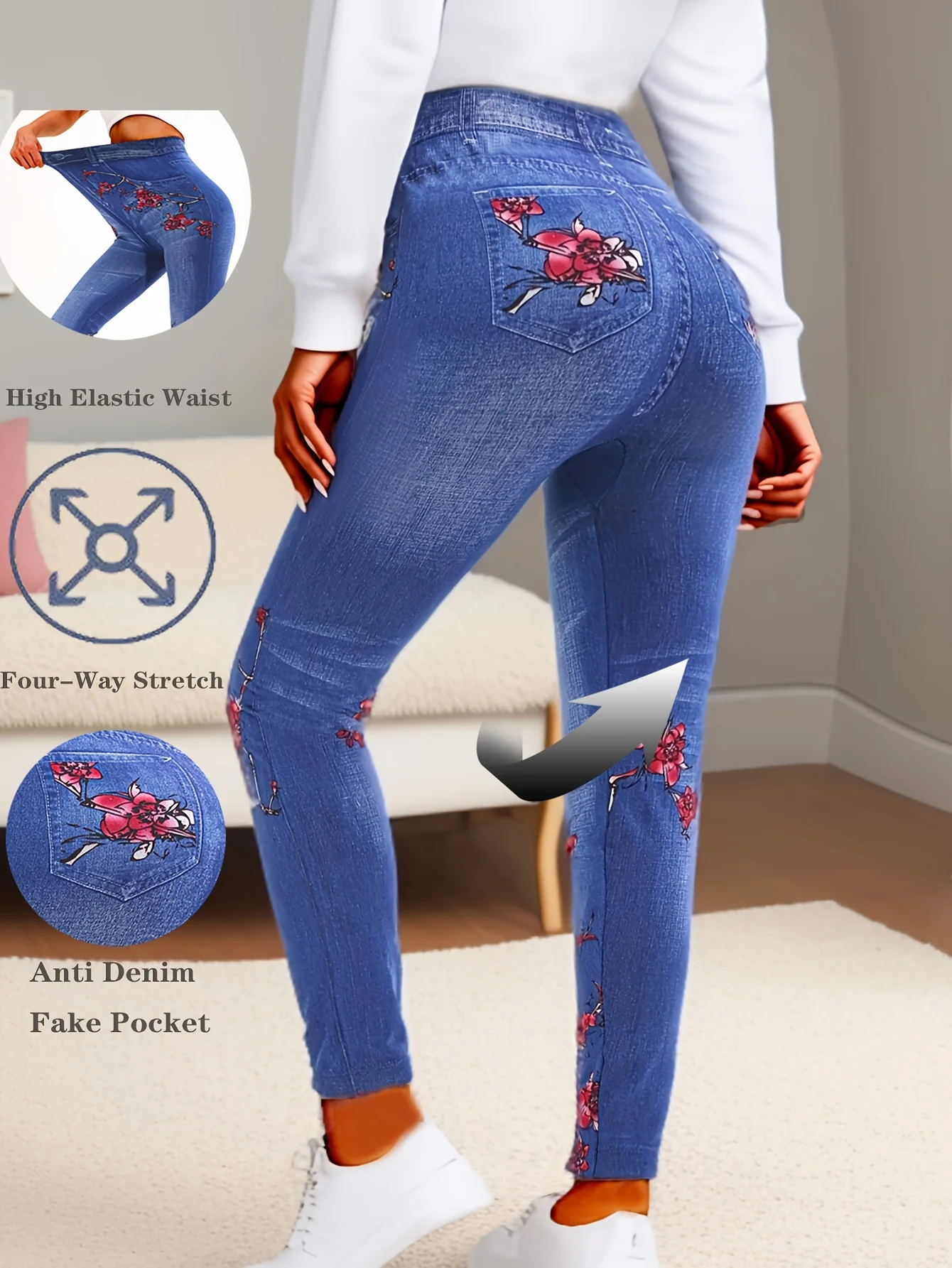 

Модные повседневные женские леггинсы для фитнеса и спорта, облегающие эластичные укороченные брюки из денима с имитацией цветка сливы