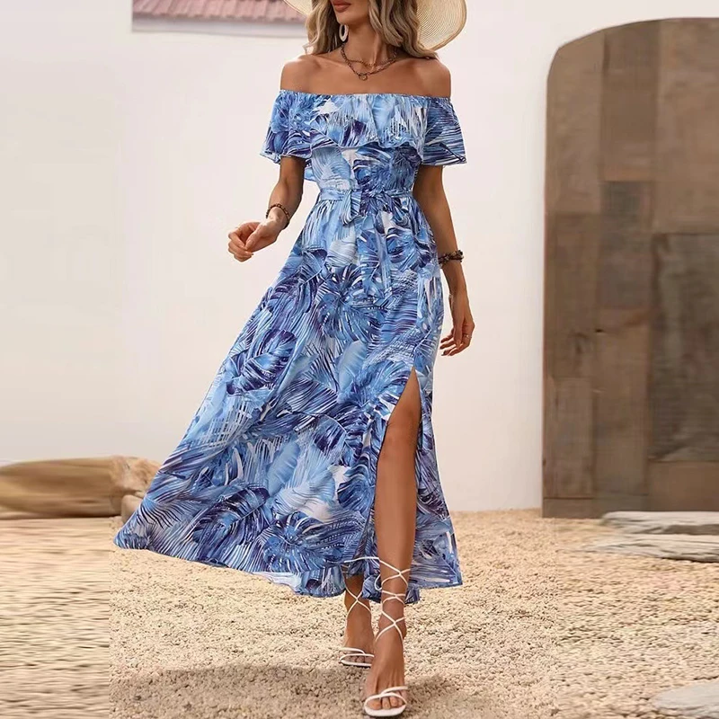 Mode Vakantie Ruche Maxi Strandjurk 2023 Print Zomer Slash Hals Vrouwen Jurk Vintage Losse Off Shoulder Veterschoenen Boho Jurk