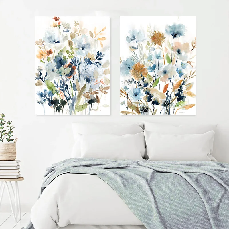 Framed Blue Floral Leaves Mixed Canvas Painting Watercolor Floral Market Posters and Print Pictures Bedroom Wall Art Home Decor