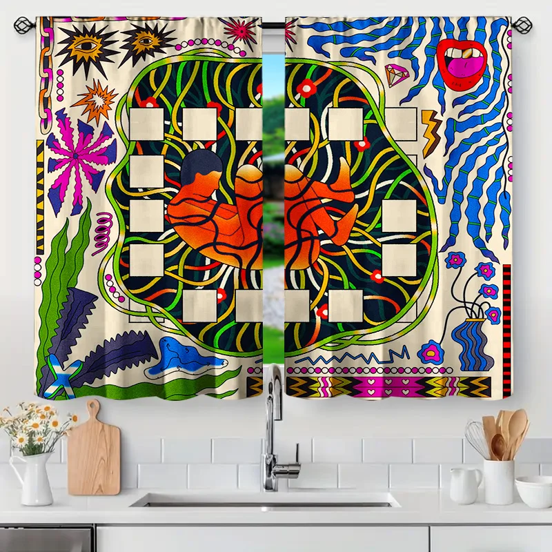 قطعتان من ستائر الفن التجريدي الحديثة مع جيب قضيب، طباعة هندسية متعددة الألوان وشفافة، ديكور غرفة المعيشة النابضة بالحياة #3