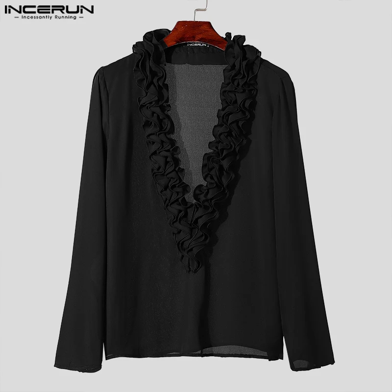 INCERUN New Men\'s Personality Tops 2024 Solid Color Ruffled Edge Shirt Handsome Male Hot Sale All-match Long Sleeved Blouse 2024