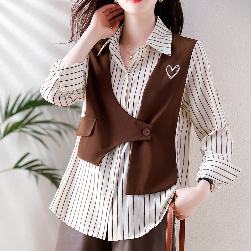 QOERLIN Fashion Fake Two-Piece Embroidered Striped Blouse 2024 New Long Sleeve Turn-Down Collar Button Up Blouse Elegant Tops