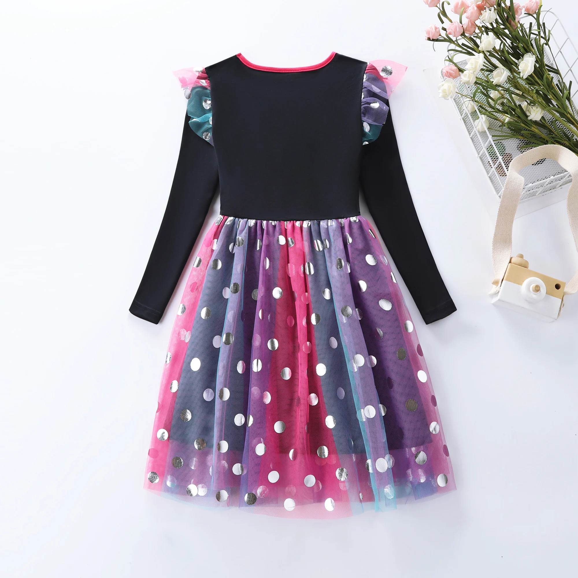 Langärmliges Kleid mit Regenbogen-Candy-Pferdemuster für Mädchen, Herbstkleid mit Polka-Dot-Print und Mesh-Einsatz LH1770 – Detail 3