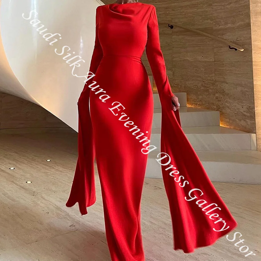 تخصيص طويلة الأكمام جيرسي مضيئة الأكمام س الرقبة الطابق طول فستان سهرة مستقيم الشق الخلفي زيبر الظهر رشيقة صور كولو #3