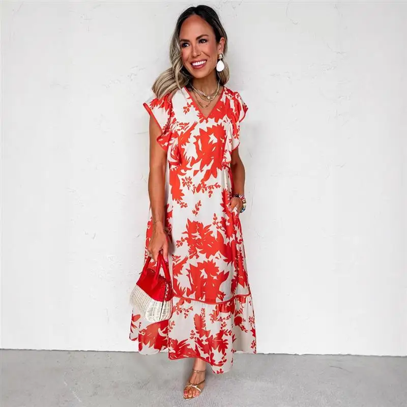 Sommer Neue V-ne Svel Floral Print Lange Dr frauen Hohe Taille Polyester n Sle Dr Abdeckung oulder Sve