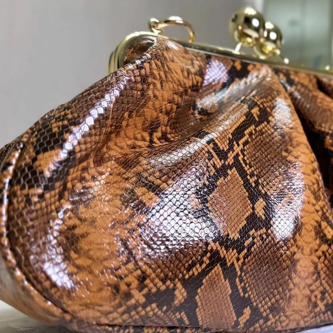 xLost in Vintage Snakeskin Python Leather Frame Top Handle Bag 38x22x12cm Frame Clutch Big Gold Kiss Lock Bags with Folded Purse