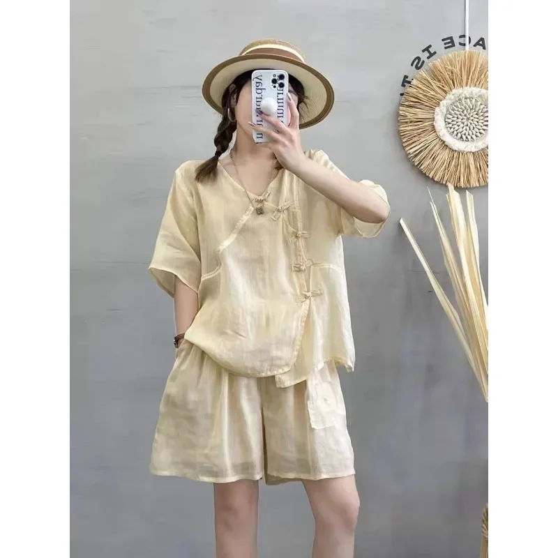 Thin Disc Button Small Suit Summer New Small Slim Shirt Loose Wide Leg Shorts Two-piece Set 2 Piece Sets Womens Outfits