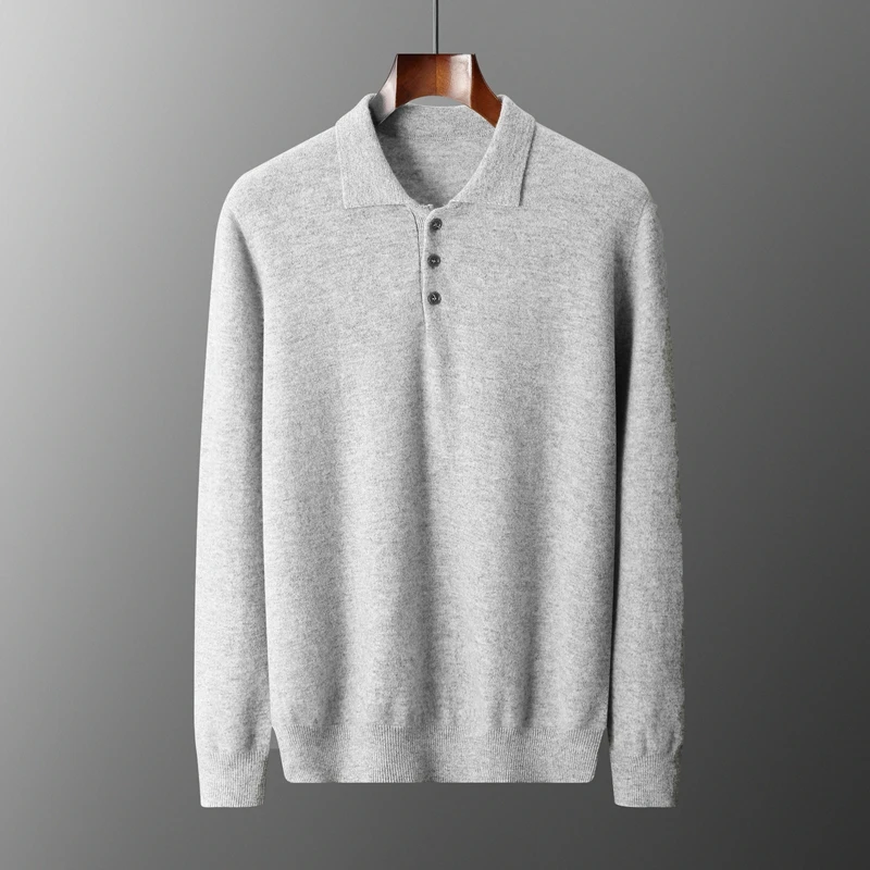 Men 100% Merino Wool Sweater Polo Button Pullover Basic Autumn Winter Soft Thick Warm Solid Jumper Casual New Fashion Knit Tops