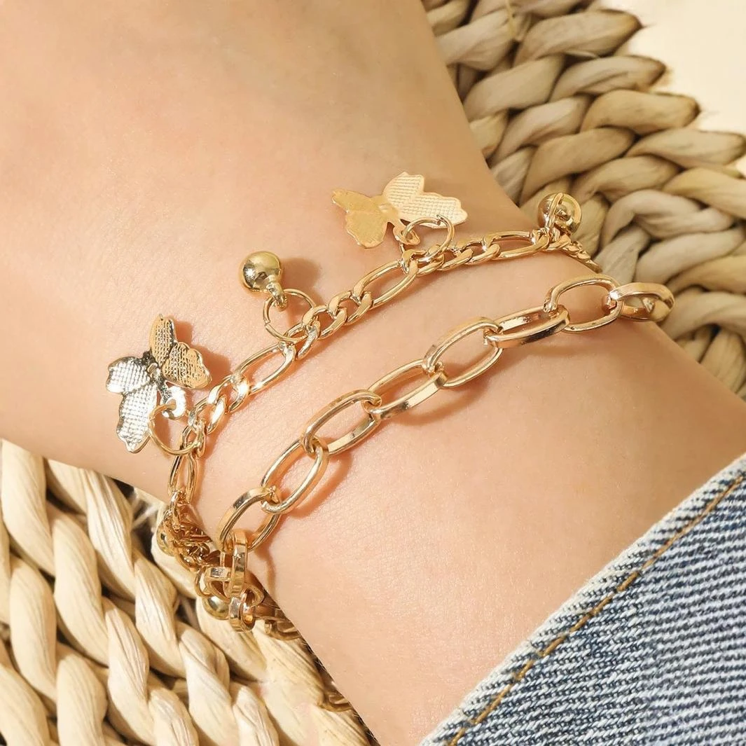 Korean Fashion Gold Color Butterfly Charms Bracelet 2026 Trending New Jewelry Double-layer Thick Chain Bracelets For Women Gift