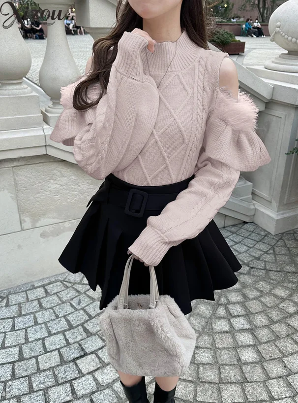 

2025 японский милый зимний вязаный свитер, женский плюшевый водолазка с высоким воротом и открытыми плечами, с рюшами и бантом, повседневный пуловер с длинными рукавами