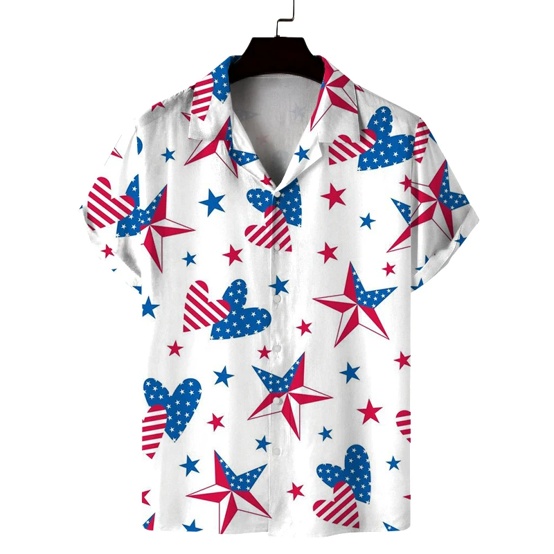 Men's summer Cuban collar short-sleeved shirt with five-pointed star personality print comfortable and versatile shirt