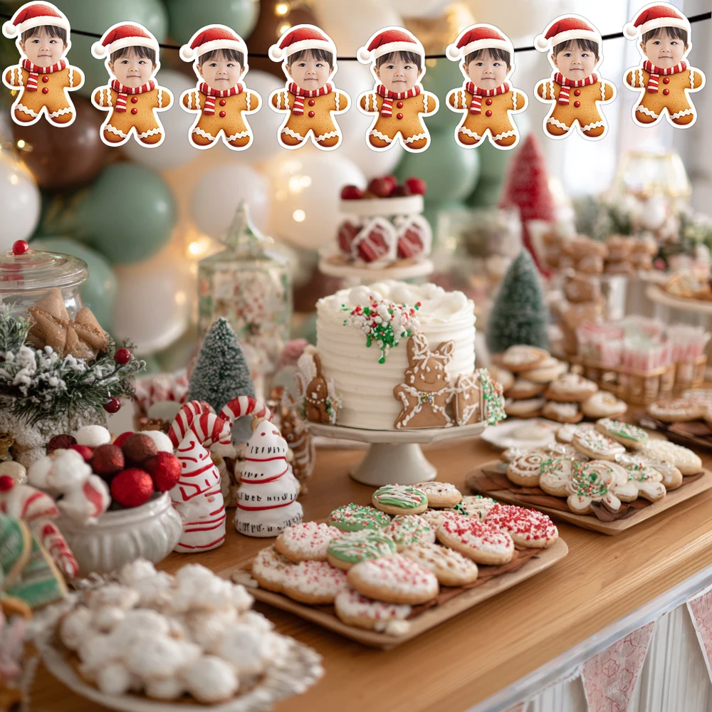 Personalisiertes Weihnachtsbanner mit Gesicht, Lebkuchen und Weihnachtsmütze, Dekoration für eine 1. Geburtstagsfeier und Hintergrund für