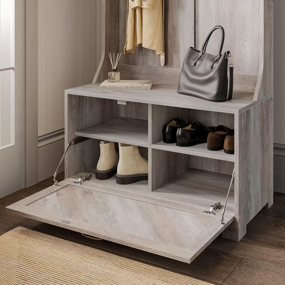 مقعد تخزين للمدخل 3 في 1 قائم بذاته، ورف الأحذية، ورف المعاطف - لمسة نهائية رمادية اللون، وتصميم موفر للمساحة