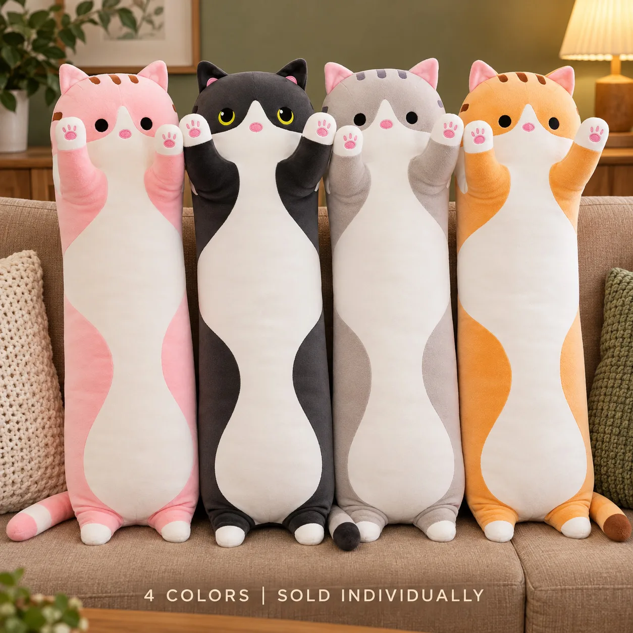 Long Cat Plush Body Pillow Cute Cartoon Stuffed Animal Hugging Cushion Sofa Bedroom Living Room Decor Kawaii Birthday Gifts