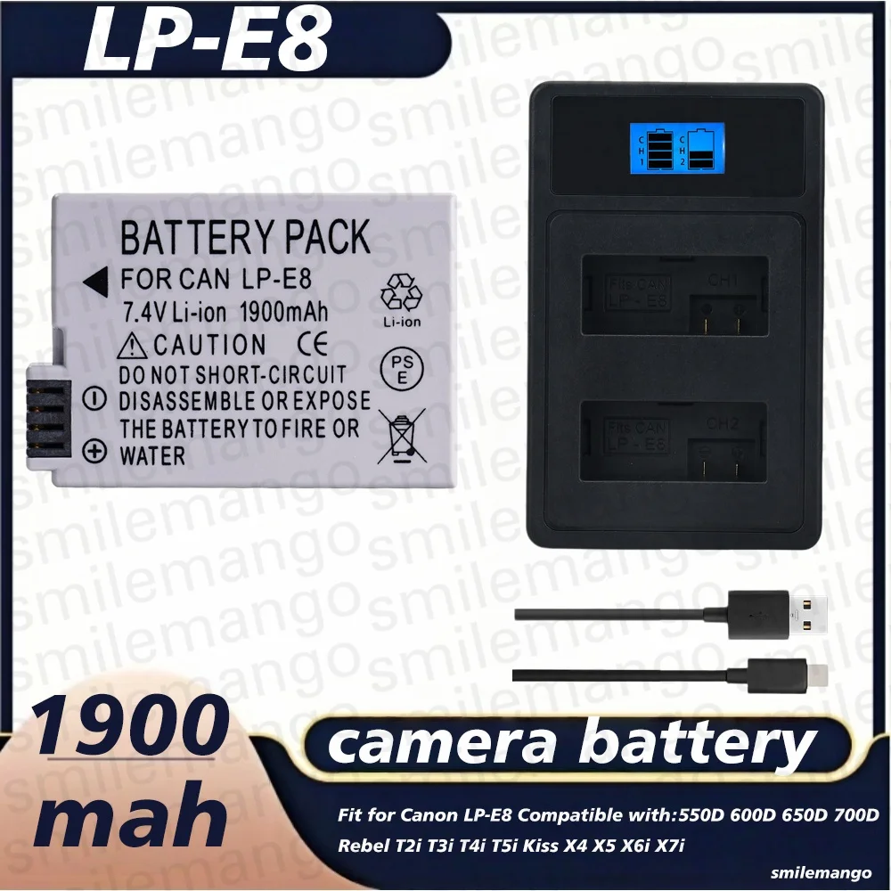 1900mah 7.4V LP-E8 LP E8 Batteries LPE8 Battery LED Dual Charger Set for Canon EOS 550D 600D 650D 700D X4 X5 X6i X7i Battery