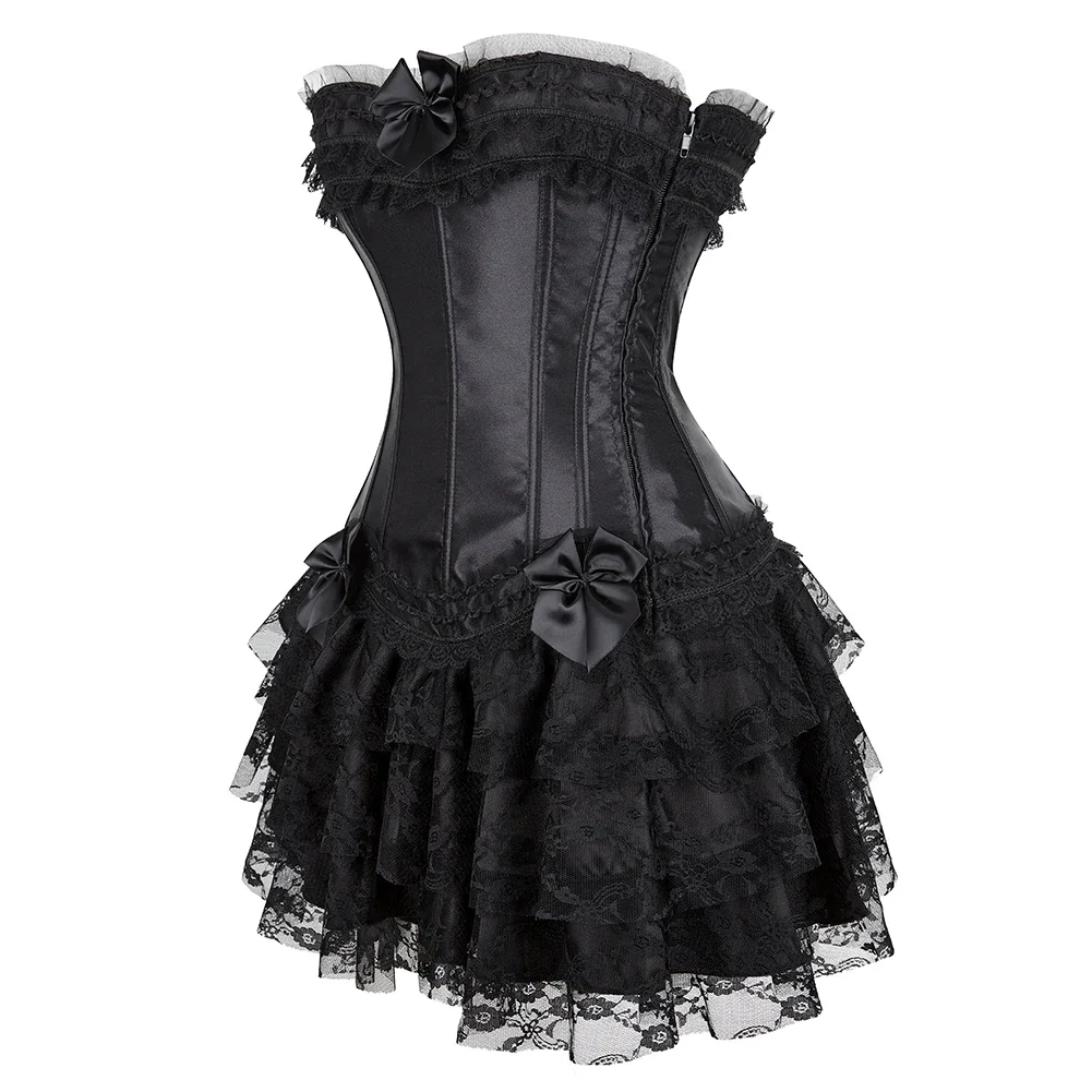 Women Floral Lace Trim Corset Dress Set Tutu Skirt Gothic Vintage Costume