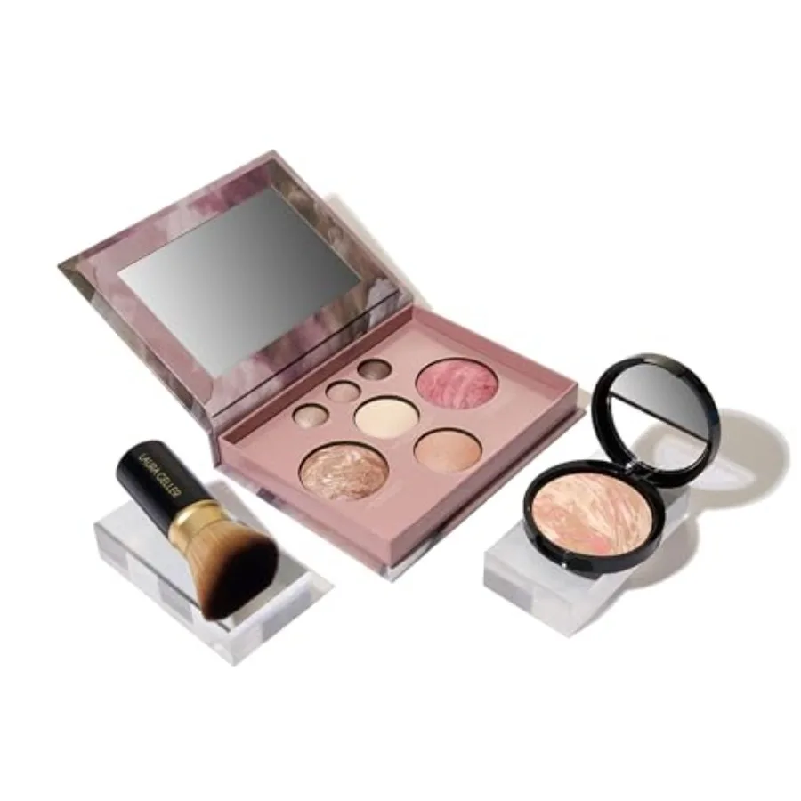 Baked Starter Kit: Porcelain Full Face Palette with Balance-n-Brighten Powder Foundation Retractable Angled Kabuki Brush Set fo