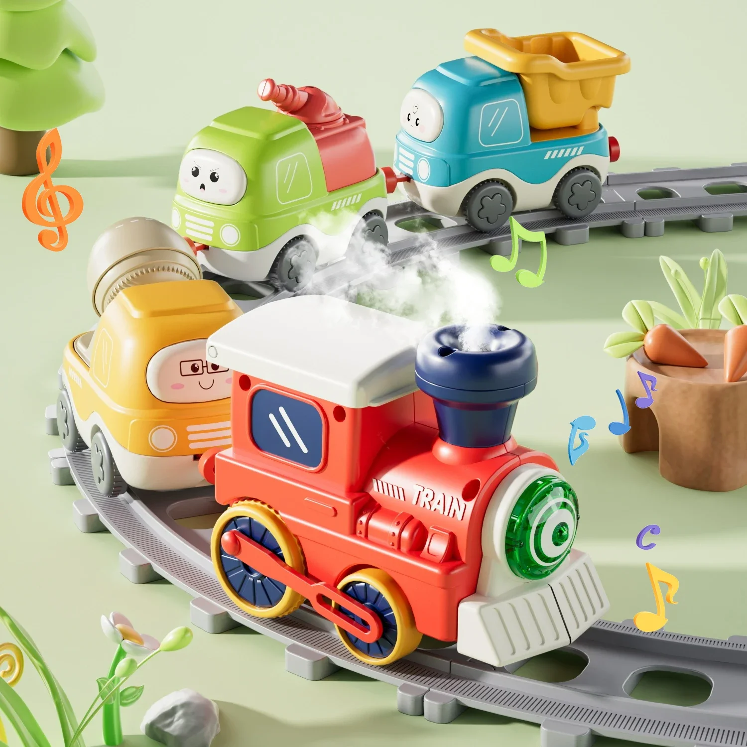 Children Electric Track Train Steam Rail with Light&Music Mini Engineering Car Set Kids Puzzle Boy Toys Xmas Gifts