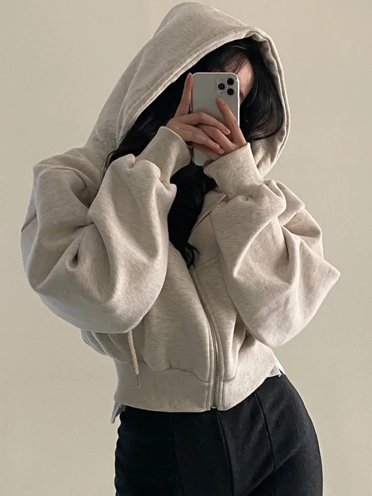 

Crop Hood Zip up Hoodie Women Solid Color Oversized Short Coats Autumn Winter lady Pockets Drawstring Hooded Sweatshirts