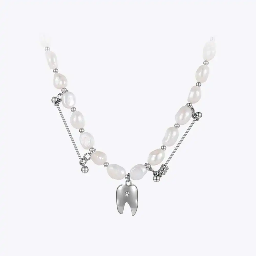 ENFASHION Natural Pearls Tooth Necklaces For Women High Street Fashion Jewelry Goth Stainless Steel Polishing Halloween Colar