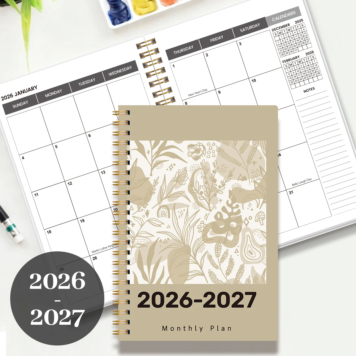 2026-2027 planejador mensal a5, caderno espiral, capa botânica bege, calendário de 24 meses, organizador de agenda para trabalho e estudo