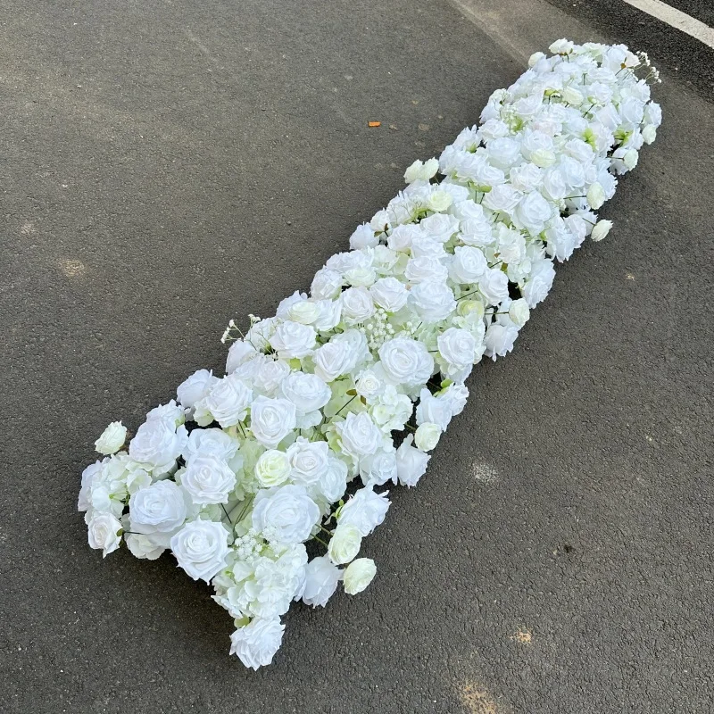 Künstlicher Tischläufer mit weißen und roten Rosen, Blumenreihe, Hochzeitstisch-Mittelstück, Blumenarrangement, Hochzeitskulisse, Bogen, Partydekoration – Detail 3
