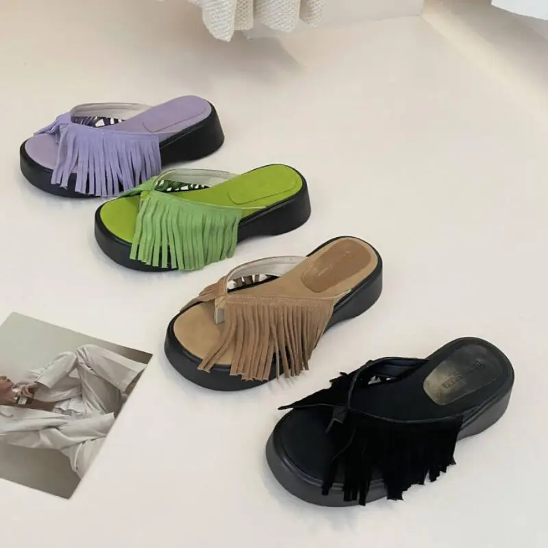 

NEW Retro Platform Slipper Women Slip On Flip Flop Shoes Beach Wedges Sandals Female Tassels Outdoor Party Slides Sandalias Muje