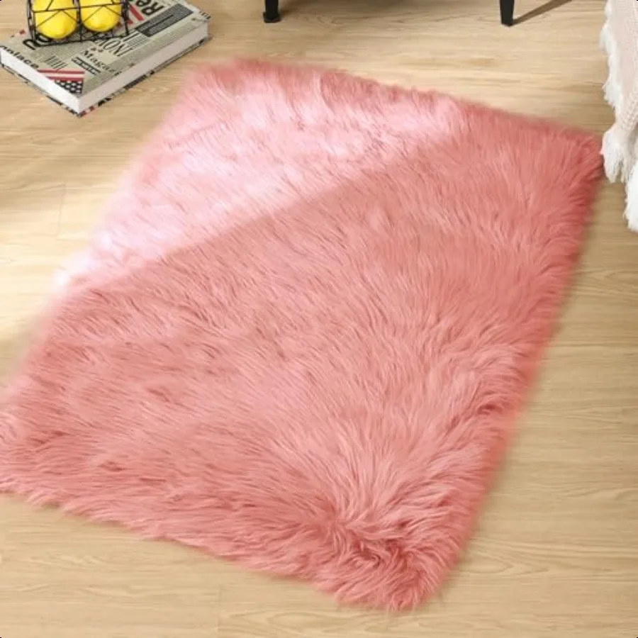 Pink Fluffy Sheepskin Fur Area Rugs for Bedroom Washable Furry Carpet Rug for Living Room Faux Fur Rug 2x3 Nursery