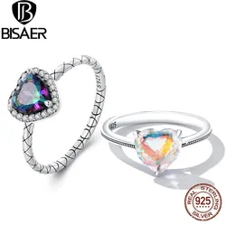 BISAER 100% 925 Sterling Silver Vintage Heart Ring Colorful Zircon Promise Band for Romantic Women Weedding Party Fine Jewelry