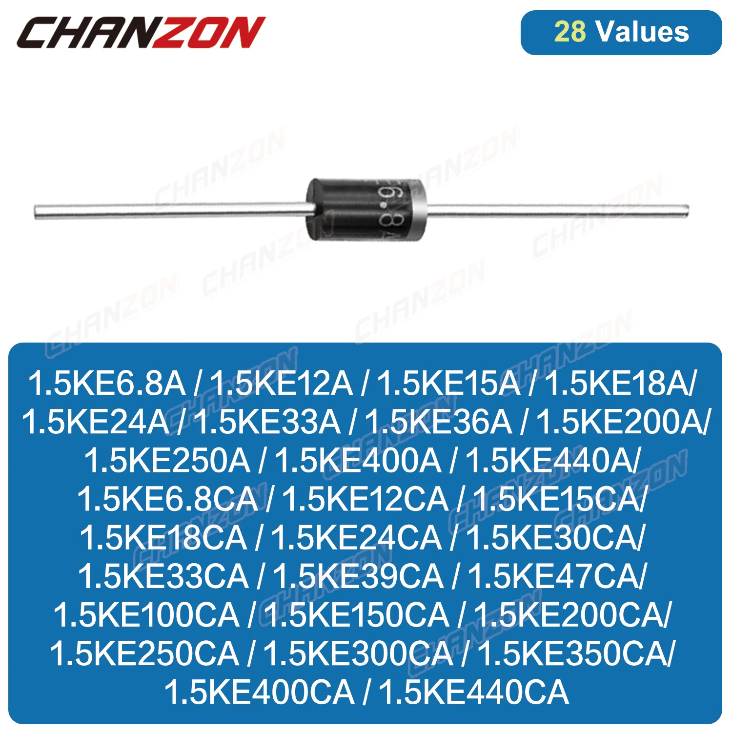 28 Values TVS Diode DO-201AD 1.5KE400CA 1.5KE200A 1.5KE440CA 1.5KE400A 1.5KE18A 1.5KE12A 1.5KE440A 1.5KE12CA 1.5KE15CA 1.5KE15A