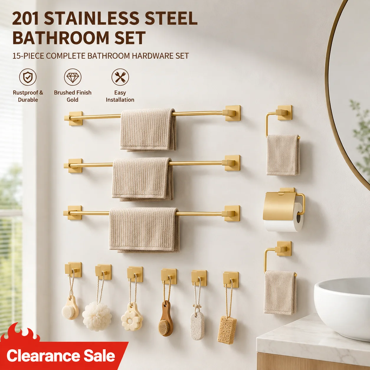 Gold 15-Piece 201 Stainless Steel Towel Bar Set Wall Mounted Towel Bar Set Bathroom Towel Bar Set with Towel Bars Rings Toilet Paper Holders Hooks Brushed Rustproof Heavy Duty Hardware Set for Bath Kitchen Laundry Room Easy Install