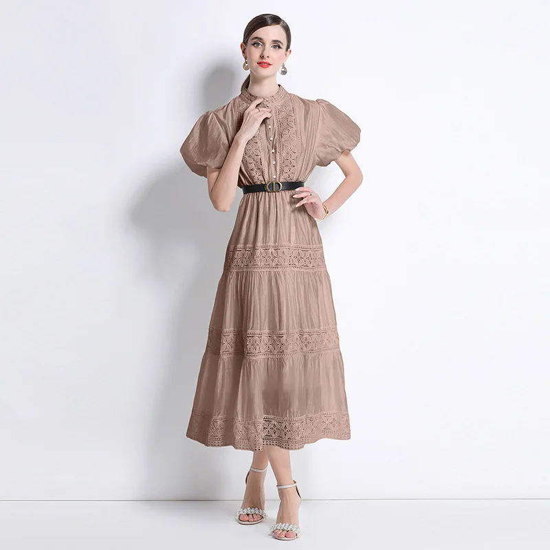 Long Lace Hollow out Bubble Sve round Ne Vintage Dr Spring Thiened Elastic Waist Other Material Dr Women's Faion